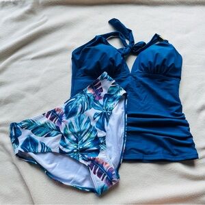 Brand New Blue Bikini with Tropical Print Bottoms